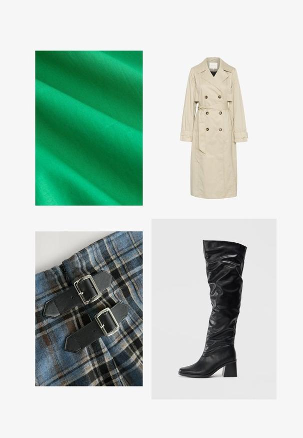 Palton bej dintr-un material ușor, cu un design dublu-bottonat, butoane mari și un curea de talie legată. Mâneci lungi și guler clasic.; Material textil verde strălucitor, cu o textură netedă, având drapaje moi și o ușoară strălucire, prezentând o culoare uniformă, fără modele sau accente.; Textil în carouri cu culori albastre, maronii și negre, având două curele negre din piele sintetică cu catarame argintii la talie. Fermuar vizibil.; Botine negre, cu lungimea până la genunchi, fabricate din piele lucioasă, cu un design lejer, vârf ascuțit și toc gros. Textură netedă cu o strălucire subtilă.