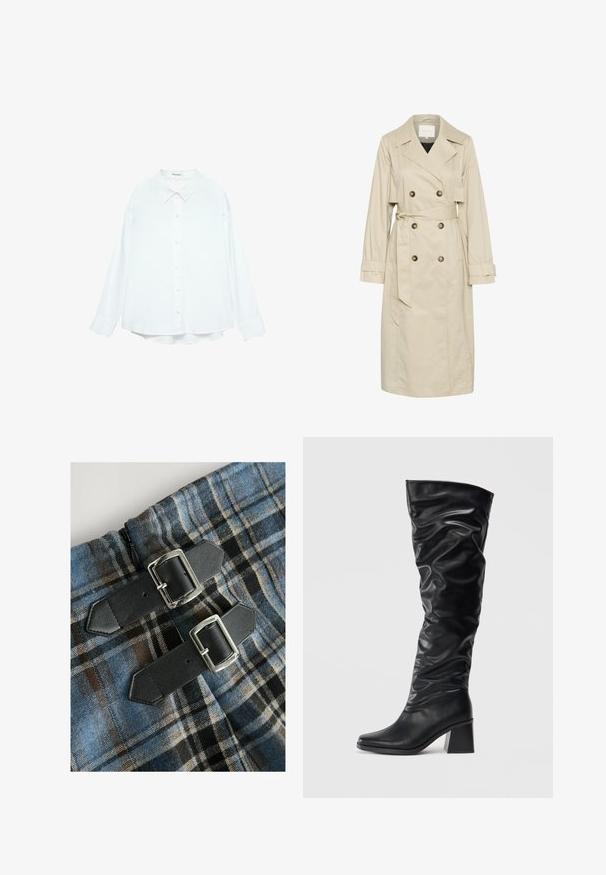 Beżowy trencz wykonany z lekkiego materiału, z podwójnym zapięciem, dużymi guzikami i wiązanym paskiem w talii. Długie rękawy i klasyczny kołnierz.; Biała koszula z długim rękawem i klasycznym kołnierzykiem, o luźnym kroju. Miękka tkanina o gładkiej strukturze, bez wzorów i akcentów.; Kratkowany materiał w niebieskie, brązowe i czarne kolory, z dwoma czarnymi sztucznymi skórzanymi paskami z srebrnymi klamrami w talii. Widoczny zamek.; Czarne kozaki sięgające do kolan, wykonane z błyszczącej skóry, z luźnym fasonem, szpiczastym noskiem i masywnym obcasem. Gładka struktura z subtelnym połyskiem.
