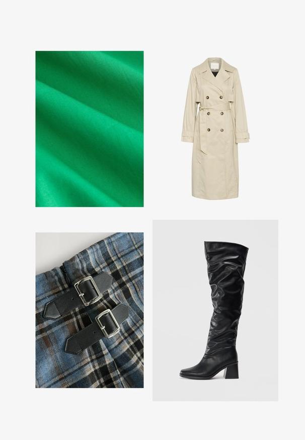Béžový trenčkot vyrobený z ľahkej tkaniny, s dvojradovým zapínaním, veľkými gombíkmi a opaskom na viazanie v páse. Dlhé rukávy a klasický golier.; Jasne zelená tkanina s hladkou textúrou, ktorá zobrazuje jemné vrásky a záhyby. Materiál sa zdá byť ľahký a jednotný vo farbe.; Károvaná textília s modrou, hnedou a čiernou farbou, s dvoma čiernymi koženými popruhmi so striebornými prackami v oblasti pása. Viditeľný zips.; Čierne čižmy po kolená vyrobené z lesklej kože s voľným dizajnom, špičatou špičkou a masívnym blokovým podpätkom. Hladká textúra s jemným leskom.