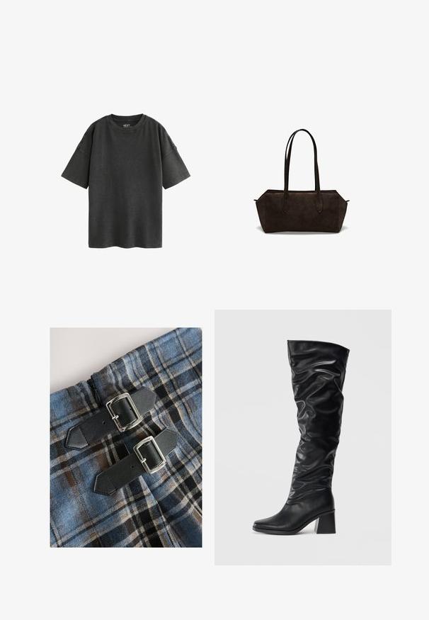 Trench coat beige realizzato in tessuto leggero, con design doppiopetto, grandi bottoni e cintura in vita da annodare. Maniche lunghe e colletto classico.; T-shirt nera oversize in cotone. Presenta un collo rotondo e maniche corte con bordi grezzi, mostrando una texture morbida e usurata.; Camicia bianca con colletto classico, maniche lunghe e vestibilità rilassata. Tessuto morbido con superficie liscia, senza motivi né accenti.; Tessuto a quadri blu e marrone con una consistenza morbida, caratterizzato da due cinturini in pelle nera con fibbie argentate per la chiusura. Cerniere visibili.; Stivali neri al ginocchio realizzati in pelle lucida con un design morbido, punta affilata e tacco largo. Texture liscia con un delicato lucido.; Borsa a tracolla in suede marrone scuro con manici allungati, forma rettangolare strutturata e superficie liscia. Presenta cuciture laterali inclinate e senza hardware visibile.