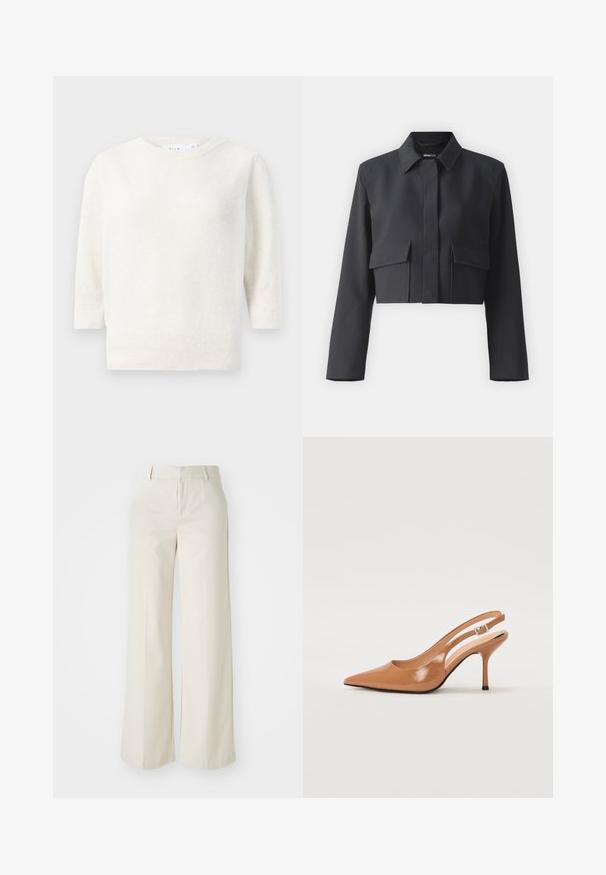 Giacca nera accorciata in tessuto liscio con colletto, chiusura frontale con bottoni e due tasche a patta sul petto. Maniche lunghe.; Maglione bianco lavorato a maglia con scollatura rotonda, maniche di lunghezza media e orlo a costine. Texture morbida, tessuto leggero e senza motivi visibili.; Pantaloni a gamba larga di un colore beige chiaro, realizzati in un tessuto liscio. Presentano una vita classica e una parte anteriore piatta con linee pulite.; Tacco slingback a punta affusolata in un materiale tan liscio e lucido. Presenta un design con ritaglio curvo e un sottile tacco a stiletto. Dettaglio con fibbia argentata.