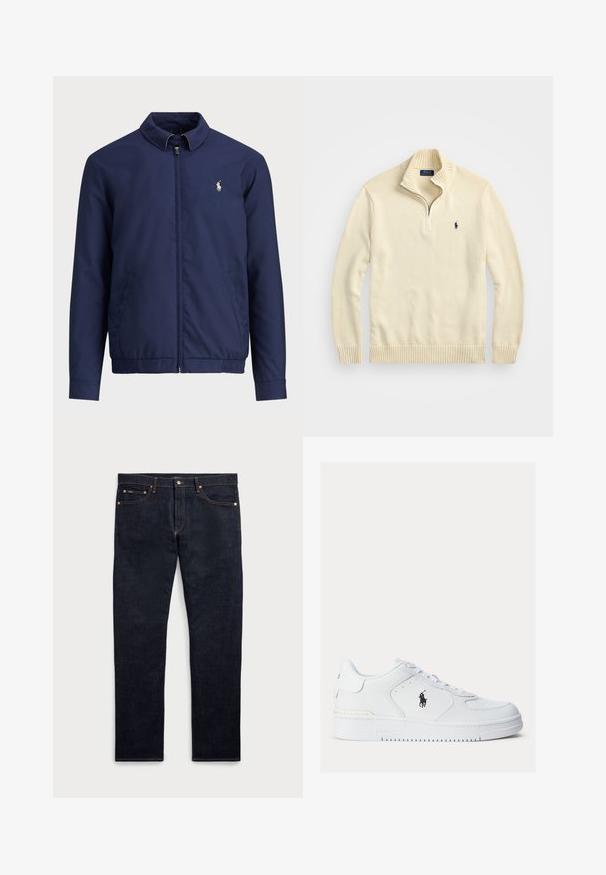 Mörkblå jacka med dragkedja fram, krage, elastisk nederkant och manschetter samt sidfickor; har en liten broderad logotyp på bröstet.; Krämfärgad zip-up tröja i stickad tyg, med ribbad krage och nederkant, samt en liten broderad logotyp i mörkblått på bröstet.; Mörkblå denimjeans med rak bendesign, som har fem fickor, kopparfärgade sömmar och en knappstängning i midjan.; Vita lädersneakers med texturerade sidor, rund tå och perforeringar. Har en svart logotyp, snörning och en tjock gummisula.