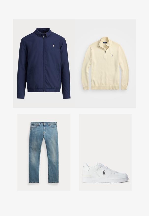 Ναυτικό μπλε μπουφάν με φερμουάρ μπροστά, γιακά, ελαστική μέση και μανίκια, και πλαϊνές τσέπες; διαθέτει ένα μικρό κεντητό λογότυπο στο στήθος.; Κρεμ φούτερ με φερμουάρ, κατασκευασμένο από πλεκτό ύφασμα, με ριμπ κολάρο και στρίφωμα, και μικρό κεντημένο λογότυπο σε σκούρο μπλε στο στήθος.; Ανοιχτό μπλε τζιν παντελόνι με ευθείες γραμμές, κούμπωμα με κουμπιά, πέντε τσέπες, διακριτική φθορά και ραφές ως διακοσμητικά στοιχεία.; Λευκά δερμάτινα αθλητικά παπούτσια με υφασμάτινες πλευρές, στρογγυλή μύτη και τρύπες. Διαθέτουν μαύρο λογότυπο, κορδόνια και παχιά καουτσούκ σόλα.