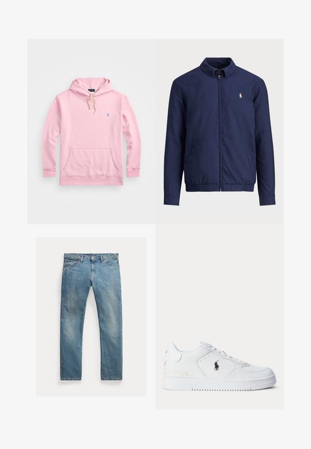 Mörkblå jacka med dragkedja fram, krage, elastisk nederkant och manschetter samt sidfickor; har en liten broderad logotyp på bröstet.; Ljusrosa hoodie med en framficka, dragsko i huvan och en liten blå logga på bröstet. Tillverkad av mjukt bomullsmaterial.; Ljusblå denimjeans med rak passform, knäppning med knapp, fem fickor, subtila blekningar och sömnadsdetaljer.; Vitt sportskor med strukturerad läderöverdel, rund tå, platta snören och en svart logotyp på sidan. Gummisula med mönster för grepp.
