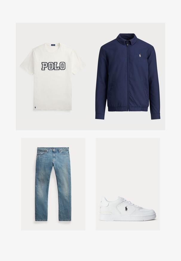 Mörkblå jacka med dragkedja fram, krage, elastisk nederkant och manschetter samt sidfickor; har en liten broderad logotyp på bröstet.; Vit bomull T-shirt med korta ärmar, med "POLO" i marinblå tryck på framsidan och en liten marinblå logotyp på nedersta vänstra sidan.; Ljusblå denimjeans med rak passform, knäppning med knapp, fem fickor, subtila blekningar och sömnadsdetaljer.; Vita lädersneakers med texturerade sidor, rund tå och perforeringar. Har en svart logotyp, snörning och en tjock gummisula.