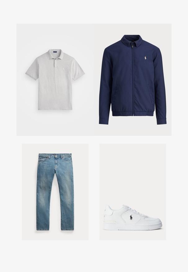 Granatowa kurtka z zapięciem na zamek, kołnierzykiem, elastycznym dołem i mankietami oraz kieszeniami bocznymi; posiada małe haftowane logo na klatce piersiowej.; Jasnoszara koszulka polo wykonana z teksturowanej bawełny, z klasycznym kołnierzykiem, zapięciem na dwa guziki oraz małym haftowanym logo na piersi.; Jasnoniebieskie dżinsy o prostym kroju, zapinane na guziki, z pięcioma kieszeniami, delikatnym wypłowieniem i przeszyciami.; Białe skórzane sneakersy z teksturowanymi bokami, okrągłym noskiem i perforacjami. Posiadają czarne logo, zapięcie na sznurówki oraz grubą gumową podeszwę.