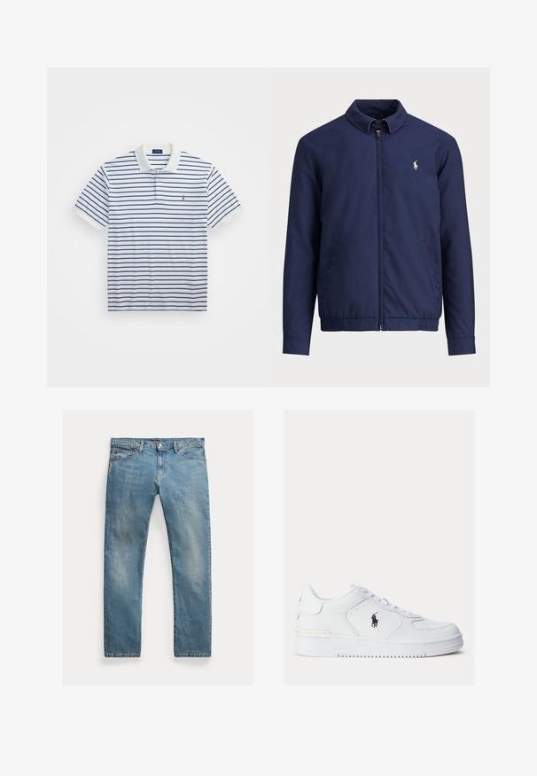 Casaco azul-marinho com fecho frontal em zíper, gola, bainha e punhos elásticos, e bolsos laterais; apresenta um pequeno logótipo bordado no peito.; Camisa polo branca com riscas horizontais em azul marinho, mangas curtas e um colarinho clássico. Apresenta um pequeno logótipo bordado no peito.; Jeans de denim azul claro com corte reto, fecho de botão, cinco bolsos, desbotamento subtil epontos de costura.; Ténis brancos de couro com lados texturizados, bico redondo e perfurações. Apresenta um logo preto, fecho com atacadores e uma sola de borracha grossa.