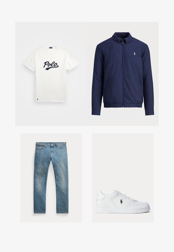 Granatowa kurtka z zapięciem na zamek, kołnierzykiem, elastycznym dołem i mankietami oraz kieszeniami bocznymi; posiada małe haftowane logo na klatce piersiowej.; Biała bawełniana koszulka z dużym granatowym logo "Polo" i mniejszym napisem "Ralph Lauren" poniżej, z granatowym haftowanym logo na dolnym brzegu.; Jasnoniebieskie dżinsy o prostym kroju, zapinane na guziki, z pięcioma kieszeniami, delikatnym wypłowieniem i przeszyciami.; Białe skórzane sneakersy z teksturowanymi bokami, okrągłym noskiem i perforacjami. Posiadają czarne logo, zapięcie na sznurówki oraz grubą gumową podeszwę.