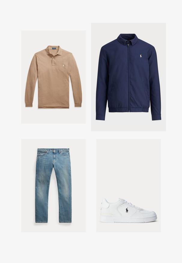 Ναυτικό μπλε μπουφάν με φερμουάρ μπροστά, γιακά, ελαστική μέση και μανίκια, και πλαϊνές τσέπες; διαθέτει ένα μικρό κεντητό λογότυπο στο στήθος.; Polo Ralph Lauren Big & Tall LONG SLEEVE POLO SHIRT - Πόλο - grey cloud heather; Ανοιχτό μπλε τζιν παντελόνι με ευθείες γραμμές, κούμπωμα με κουμπιά, πέντε τσέπες, διακριτική φθορά και ραφές ως διακοσμητικά στοιχεία.; Λευκά δερμάτινα αθλητικά παπούτσια με υφασμάτινες πλευρές, στρογγυλή μύτη και τρύπες. Διαθέτουν μαύρο λογότυπο, κορδόνια και παχιά καουτσούκ σόλα.