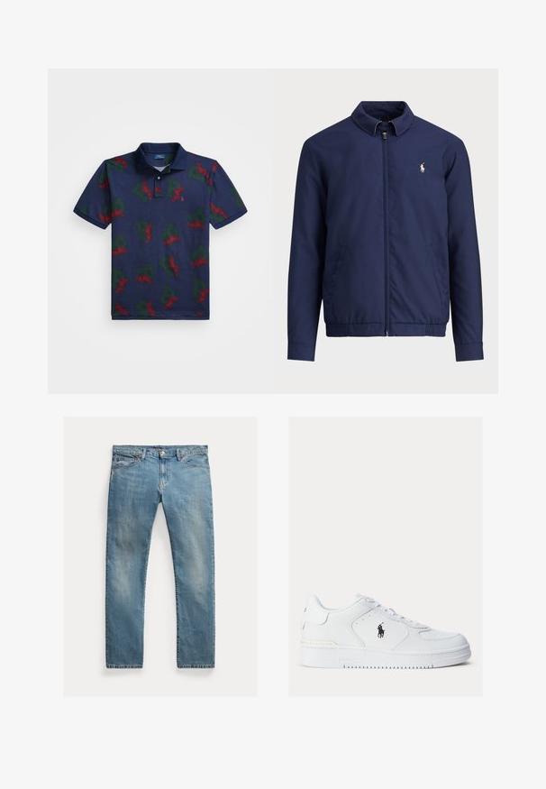 Navy blue jacket with a zip front, collar, elasticized hem and cuffs, and side pockets; features a small embroidered logo on the chest.; Navy polo shirt featuring all-over print of red wings and green letters "P" on a textured fabric. Includes a classic collar and three-button placket.; Light blue denim jeans with a straight cut, button-fly closure, five pockets, subtle fading, and stitching accents.; White leather sneakers with textured sides, round toe, and perforations. Features a black logo, lace-up closure, and a thick rubber sole.