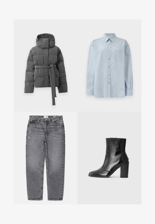 Šedá péřová bunda s opaskem v pase, vysokým límcem a kapucí. Obsahuje prošívané části a texturovanou látku po celé ploše.; Světle modrá košile s dlouhým rukávem, zapínáním na knoflíky, s špičatým límečkem a náprsní kapsou, položena na bílé pozadí.; Šedé džíny z denimu se rovný fit, vybledlá textura, mírné opotřebení v přední části a klasický pětifunkční design.; Černé kožené kotníkové boty s hladkou texturou, špičatou špičkou a robustním vysokým podpatkem. Mají boční otvor a minimalistický design.
