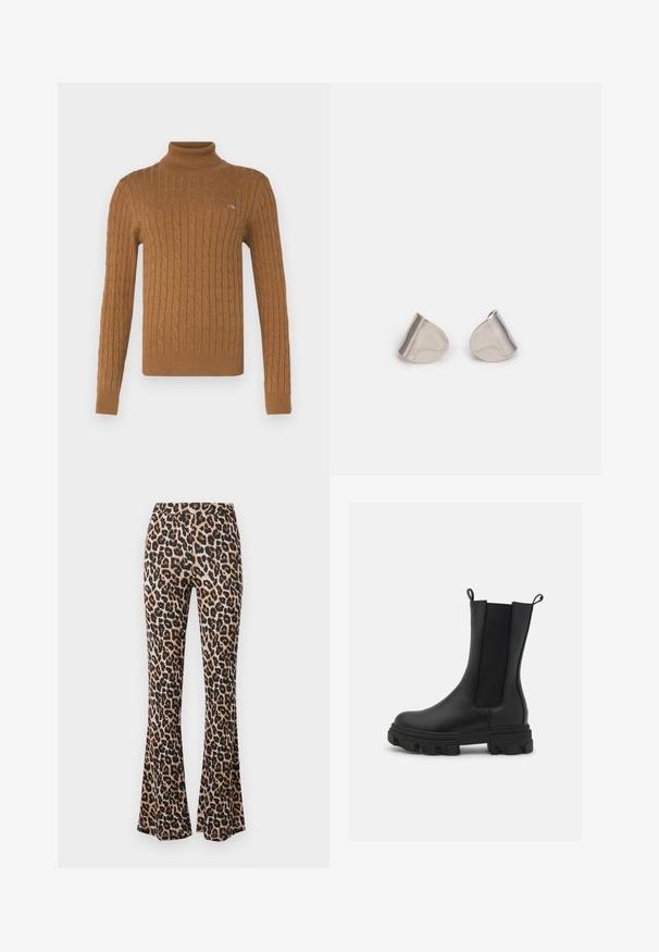 Guess Manteau classique - bordeaux; GANT TURTLENECK - Pullover - cacao; Pantalons évasés à imprimé léopard en marron et noir, fabriqués en tissu doux avec une texture lisse, dotés d'une taille ajustée et d'un bas évasé.; Bottines Chelsea noires en cuir et tissu élastique, dotées d'une semelle en caoutchouc épaisse avec un motif de traction prononcé et de languettes pour un enfilage facilité.; Boucles d'oreilles en métal argenté avec une forme larmoyante lisse et une finition polie. Des gravures subtiles ajoutent des détails. Design minimaliste.