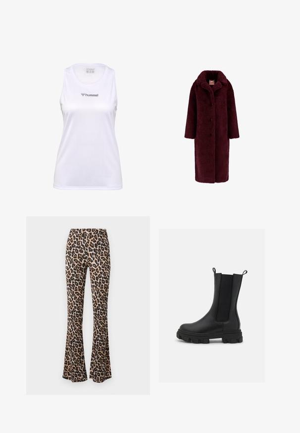 Guess Klassisk frakke - bordeaux; Hvid ærmeløs sportstanktop lavet af tekstureret stof, med en rund halsudskæring og et sølvfarvet "hummel"-logo på forsiden.; Leopardprint flared bukser i tan og sort, lavet af blødt stof med en glat tekstur, med en tætsiddende talje og flagrende bund.; Sort Chelsea-støvle lavet af læder og elastisk stof, med en kraftig gummisål med fremtrædende mønster og trækflapper for nem påtagning.