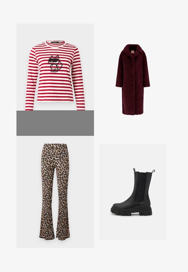 Guess Klasisks mētelis - bordeaux; KARL LAGERFELD IKON - Tops ar garām piedurknēm - scarlet sage/cream stripe; Leparda raksts ar flared biksēm brūnā un melnā krāsā, izgatavots no mīkstas auduma ar gludu tekstūru, ar piegulošu jostu un izpletinātu apakšējo daļu.; Melnas Čelsijas zābakus, kas izgatavoti no ādas un elastīga auduma, ar masīvu gumijas zoli ar izteiktu protektoru un cilpām vieglai uzvilkšanai.