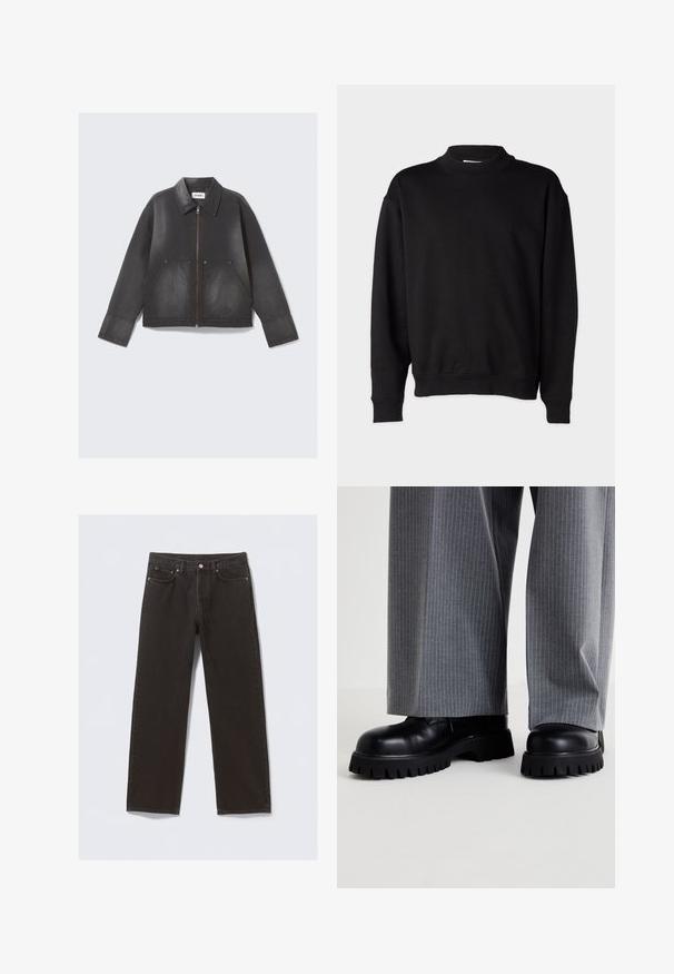 Musta farkkutakki, jossa on vetoketjukiinnitys, terävä kaulus ja kaksi etutaskua. Hieman haalistunut pinta ja pitkät hihat.; Musta huppari, jossa on korkea, ribattu kaula-aukko, pitkät hihat ja rento istuvuus. Pehmeä rakenne ribatulla hihansuulla ja helmalla.; Mustat farkut, joissa on suora lahje, viisi taskua ja kuparinväriset ompeleet. Sujuva pinta, klassinen nappikiinnitys vyötäröllä.; Mustat nahkakengät, joissa on paksu pohja ja syvät urat, yhdistettyinä harmaisiin raidoitettuihin leveisiin housuihin.