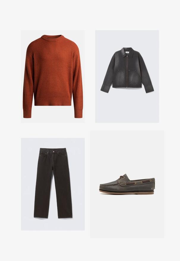Sort denimjakke med lynlås foran, spidse krave og to forlommer. Let falmet tekstur og lange ærmer.; Ribbet strikpullover i brændt orange med en rund hals og lange ærmer. Blød tekstur, afslappet pasform og subtil strækdetalje.; Svarte denimjeans med straight-leg design, fem lommer og kobberfarvet syning. Glat tekstur, klassisk knaplukning i taljen.; Mørkebrune læder bådsko med lav profil, der har messingøjer og kontrasterende syninger, flad gummisål og struktureret overflade.