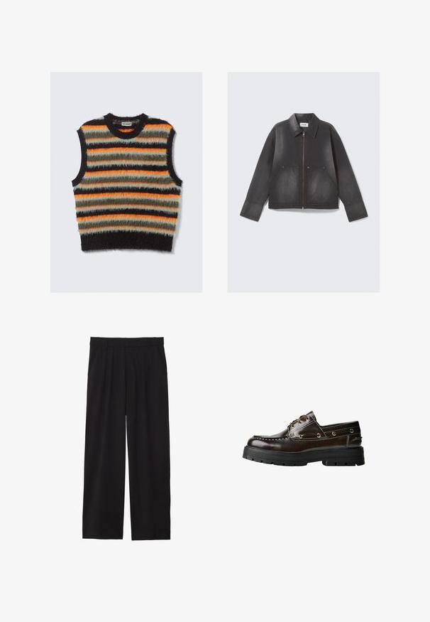 Schwarze Jeansjacke mit Reißverschluss vorne, spitzem Kragen und zwei Fronttaschen. Leicht verblichene Textur und lange Ärmel.; Ärmellose, kuschelige Strickweste mit horizontalen Streifen in Schwarz, Orange, Olivgrün und Hellgrau, ausgestattet mit einem runden Halsausschnitt.; Schwarze, weite Hose mit gefälteltem Vorderteil, seitlichen Taschen und einer glatten Stoffstruktur. Entworfen für eine entspannte Passform.; Braune Lederbootsschuhe mit Gummisohle, die mit Nahtdetails, Metallösen und einer Schnürung ausgestattet sind. Robuste, leichtgewichtige Konstruktion.