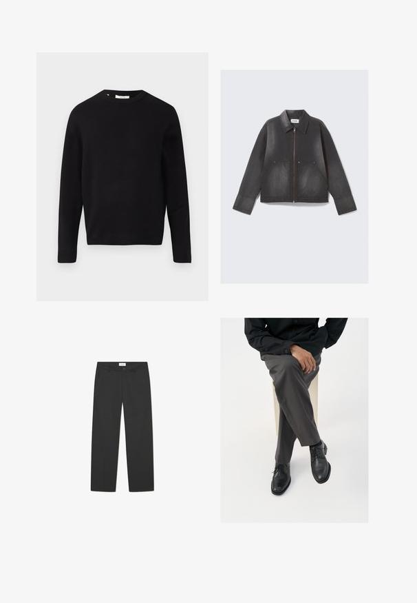 Svart denimjakke med glidelås foran, spiss krage og to frontlommer. Svakt falmet tekstur og lange ermer.; Svart strikket genser med rund hals, lange ermer og avslappet passform. Glatt tekstur, minimalistisk design, ingen mønstre eller pyntegjenstander.; Sorte bukser laget av lett stoff. Har en rett ben-design med flat front, side lommer og en diskret midje.; Sorte skinnsnøresko med en polert finish, parret med grå skreddersydde bukser, vist i en sittende stilling mot en hvit bakgrunn.