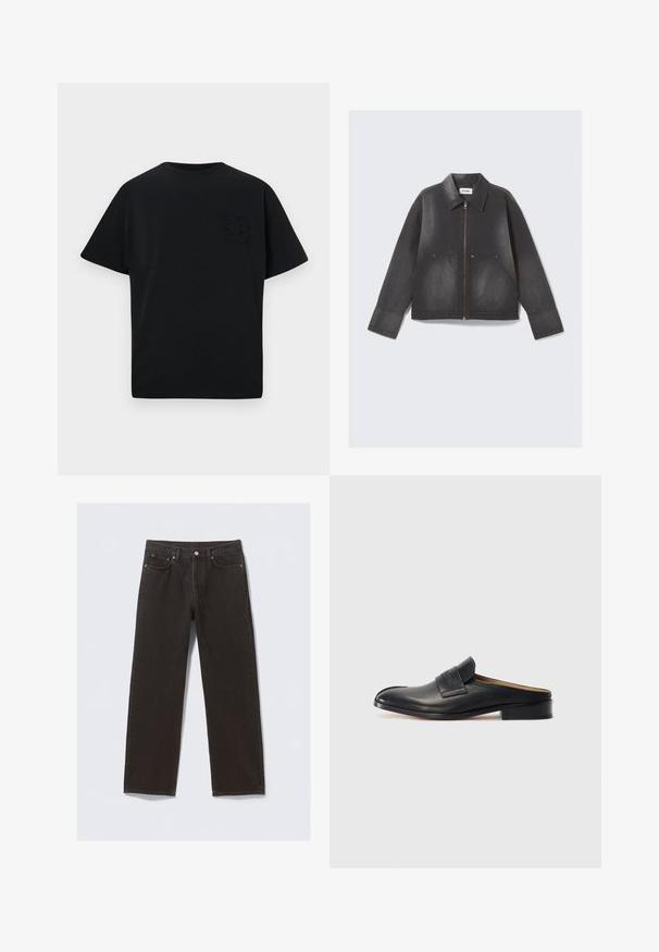 Fekete farmer dzseki cipzáros elülső résszel, hegyes gallérral és két elülső zsebbel. Enyhén kopott textúrájú és hosszú ujjú.; Fekete póló laza szabással, rövid ujjal, és egy diszkrét, domború "B" betűvel a bal mellen. Simogatós pamut anyagból készült.; Fekete farmernadrág egyenes szabással, öt zsebbel és rézszínű varratokkal. Simaszerű textúra, klasszikus gombos záródás a deréknál.; Fekete bőr slip-on cipő lekerekített orral, alacsony blokk sarkával és elülső pánttal. Simább textúrájú, finom logó részlettel a pánton.