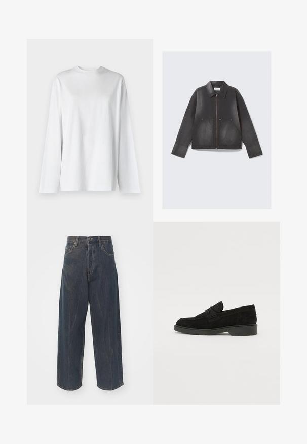 Black denim jacket with a zip front, pointed collar, and two front pockets. Slightly faded texture and long sleeves.; Weekday OVERSIZED LONG SLEEVE - Long sleeved top - white; Wide-leg dark blue denim jeans with subtle distressed texture, five pockets, and a classic button and zipper closure at the waist.; Black suede loafers with a low heel, featuring a simple band across the upper and textured detailing along the sides.