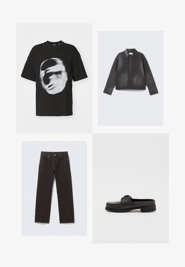Schwarze Jeansjacke mit Reißverschluss vorne, spitzem Kragen und zwei Fronttaschen. Leicht verblichene Textur und lange Ärmel.; Schwarzes Baumwoll-T-Shirt mit einer verwischten weißen Grafik eines Gesichts. Kurze Ärmel und Rundhalsausschnitt.; Schwarze Jeans aus Denim mit geradem Bein, fünf Taschen und kupferfarbenen Nähten. Glatte Textur, klassischer Knopfverschluss an der Taille.; Schwarzer Leder-Schlüpfschuh mit Schnürdetails, abgerundeter Zehenpartie und strukturiertem Sohle. Verfügt über einen leicht erhöhten Absatz und eine glatte Oberfläche.