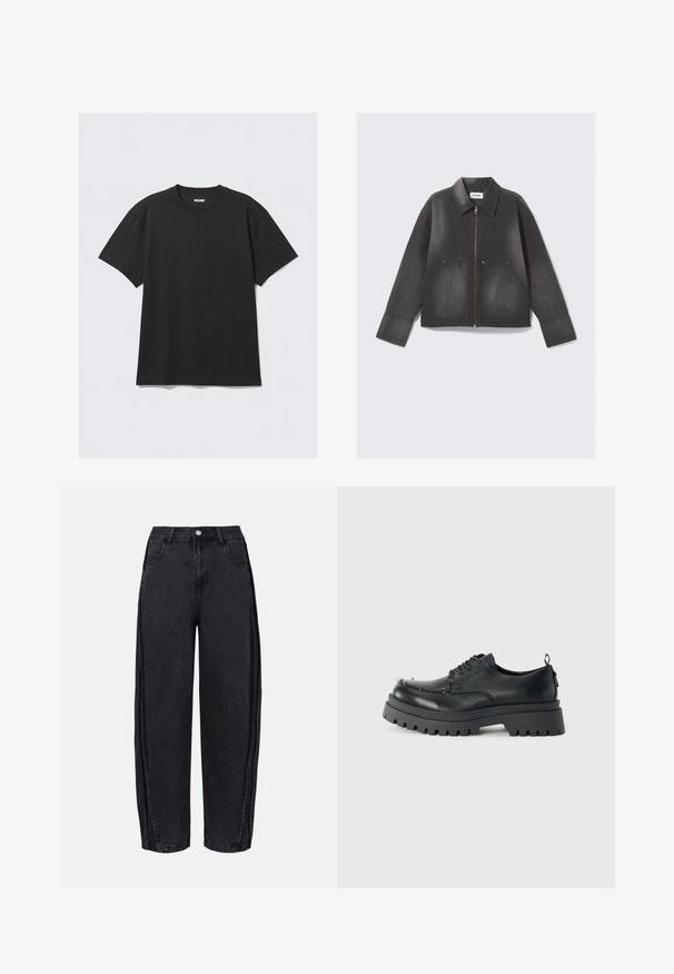 Casaco de ganga preto com fecho zíper à frente, colarinho pontudo e dois bolsos frontais. Textura ligeiramente desbotada e mangas longas.; T-shirt preta de manga curta feita de algodão. Apresenta um decote redondo e um corte descontraído. Design simples, sem padrões ou detalhes visíveis.; Calças largas pretas em denim com uma textura suave. Apresentam uma cintura alta, bolsos frontais e fecho de botão na cintura.; Sapato preto de couro grosso com atacadores, sola robusta e ilhós de metal na área dos dedos, fotografado num fundo claro e simples.