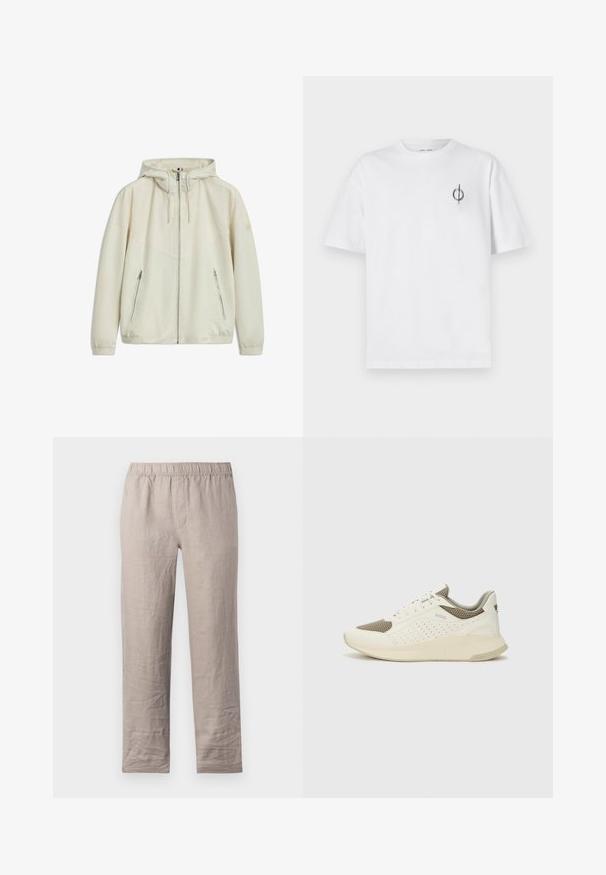 Lätt krämfärgad jacka med huva, dragkedjestängning och två sidofickor, tillverkad av ett slitstarkt, slätt material med kontrasterande paneldesign.; Vit bomullströja med avslappnad passform, med en liten svart grafisk logotyp på vänster bröstområde. Korta ärmar, rundad hals.; Ljust beige linbyxor med elastisk midja, rak bendesign och utan synliga fickor. Slät textur med lätt rynkor.; Vit och ljusbeige atletisk sneaker med ett meshöverdrag, perforerade detaljer och en texturerad mellansula med varumärke på hälen.