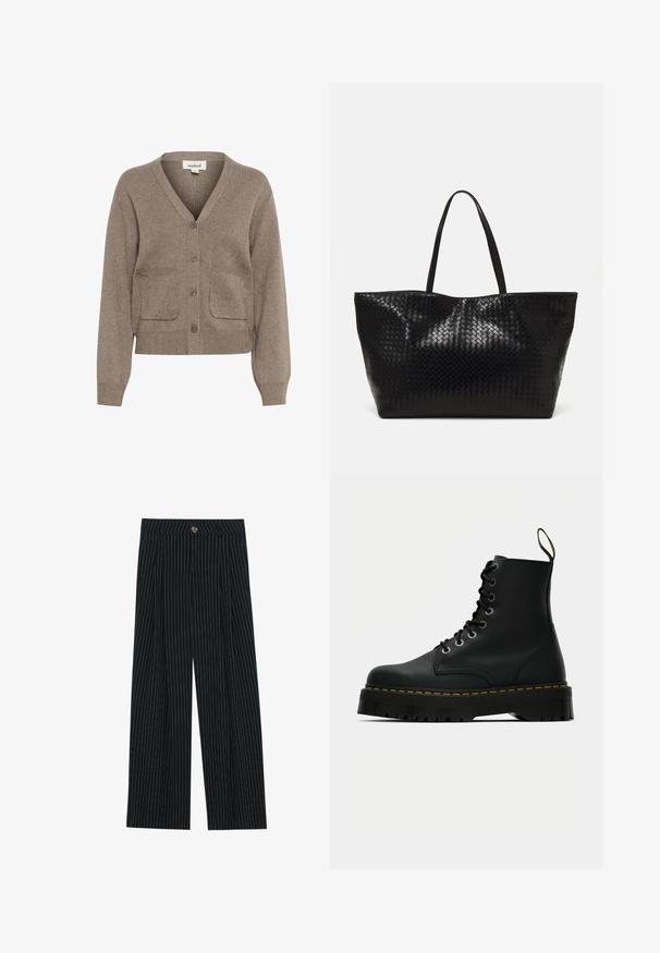 Zwarte leren cropped jack met grote kraag, lange mouwen en ritssluiting. Textuurafwerking met zichtbare stikdetails.; Bruine cardigan van zachte stof met een V-hals, knoopsluiting, twee voorzakken en geribde manchetten en zoom.; Zwarte lange mouwen crew neck shirt met een klein wit label met de tekst "WEEKDAY" binnenin de kraag, weergegeven op een lichte achtergrond.; Zwarte pantalon met fijne strepen, gemaakt van gestructureerde stof. De broek heeft een sluiting met een knoop aan de voorkant en een geplooid ontwerp voor extra flair.; Zwarte leren veterlaarzen tot de enkel met een stevige, geprofileerde rubberen zool en gele stiksels rond het voetbed.; Zwarte geweven schoudertas met twee stevige handvatten, met een glanzende textuur en een ruime open bovenkant.