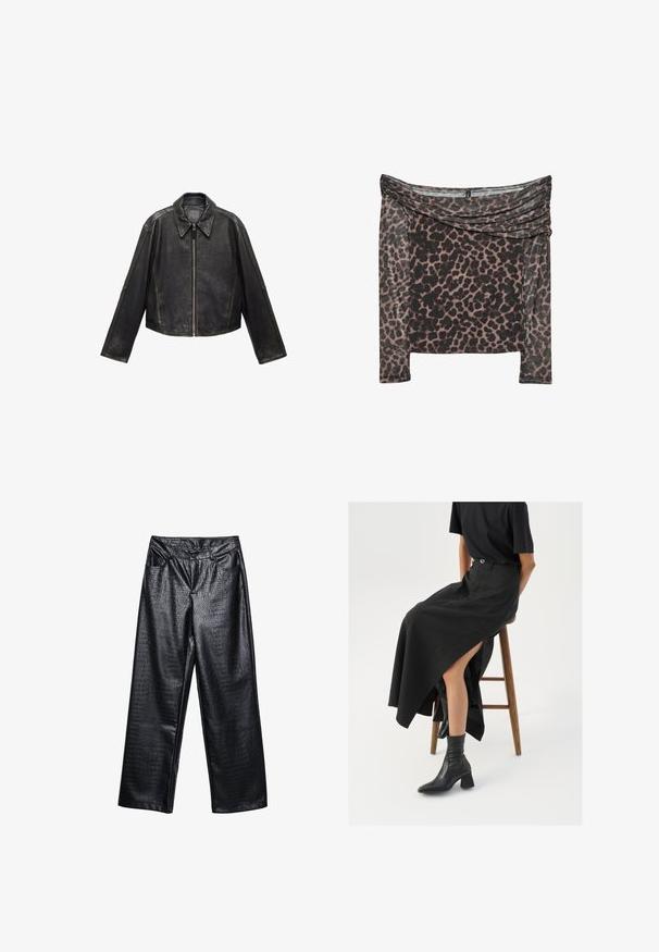 Zwarte leren cropped jack met grote kraag, lange mouwen en ritssluiting. Textuurafwerking met zichtbare stikdetails.; Off-shoulder lange mouwen top in een zwart en bruin luipaardprint, met een gedrapeerde halslijn en zachte, getextureerde stof.; Zwarte faux leren wijde broek met een textuur van krokodillenpatroon, voorzien van zakken aan de voorkant en een knoopsluiting in de taille.; Zwarte linnen maxi rok met een hoge split, gedragen met een zwart T-shirt en zwarte enkellaarsjes. Minimalistisch ontwerp met een relaxte pasvorm.
