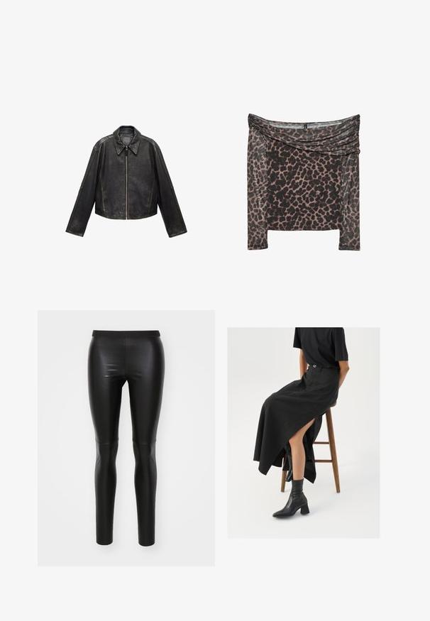 Veste en cuir noire raccourcie avec grand col, manches longues et fermeture éclair. Finition texturée avec des détails de couture visibles.; Haut à manches longues hors des épaules en imprimé léopard noir et marron, doté d'un décolleté drapé et d'un tissu doux et texturé.; Leggings noirs en matériau lisse et extensible avec une taille haute. Design ajusté, construction sans couture et sans poches visibles.; Jupe maxi en lin noir avec une fente haute, portée avec un t-shirt noir et des bottes de cheville noires. Design minimaliste avec une coupe décontractée.
