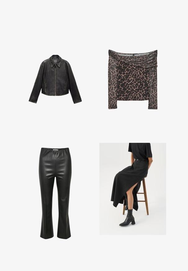 Schwarze Leder-Cropped-Jacke mit großem Kragen, langen Ärmeln und Reißverschluss. Texturierte Oberfläche mit sichtbaren Nahtdetails.; Schulterfreies Oberteil mit langen Ärmeln im Schwarz-Braunen Leopardenmuster, mit drapierter Ausschnittpartie und weichem, strukturiertem Stoff.; Schwarze Kunstlederhose mit glatter Textur, elastischem Bund und ausgestelltem Saum, mit vertikalen Nahtdetails.; Schwarzer Leinen-Maxi-Rock mit hohem Schlitz, getragen mit einem schwarzen T-Shirt und schwarzen Knöchelstiefeln. Minimalistisches Design mit lockerer Passform.