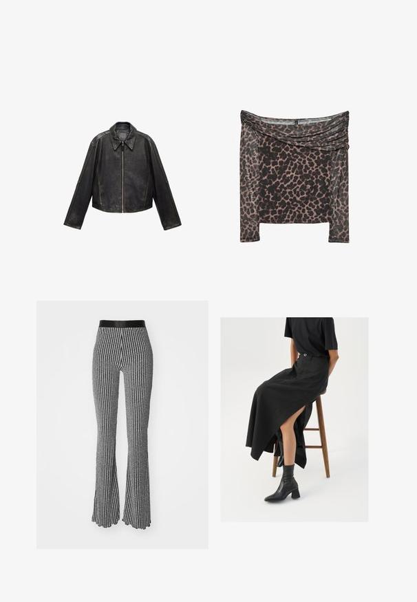 Crna kožna skraćena jakna s velikim ovratnikom, dugim rukavima i zatvaranjem na patentni zatvarač. Teksturna završna obrada s vidljivim šavovima.; Duguljana majica dugih rukava s jednim ramenom u crno-smešnom leopard uzorku, s naboranim dekolteom i mekim, teksturiranim materijalom.; Pletene trapezaste hlače u crnoj i bijeloj boji, s vertikalnim prugama, prilagodljivim pojasom i teksturiranim materijalom s laganim sjajem.; Crna lanena maksi suknja s visokom prorezom, nosi se s crnom majicom i crnim gležnjačama. Minimalistički dizajn s opuštenim krojem.