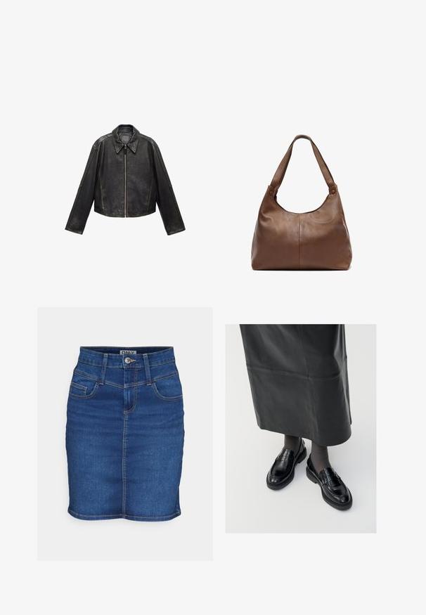 Čierna kožená skrátená bunda s veľkým golierom, dlhými rukávmi a zipsom. Textúrovaný povrch s viditeľnými švami.; Blúzka s gumičkovaním, ktorá má károvaný vzor čiernej, bielej a béžovej farby. Riasený výstrih a manžety, dlhé rukávy, skrátený strih.; Džínová sukňa v tmavomodrej farbe s priliehavým strihom. Obsahuje päť vreciek, zapínanie na gombík a kontrastné prešívanie pozdĺž švov.; Čierne kožené poltopánky s hladkým povrchom, s dekoratívnym pásikom, okrúhlou špičkou a textúrovanou podrážkou. Nosené s dlhou čiernou koženou sukňou.; Hnedá kožená kabelka s jemným, zaobleným tvarom. Obsahuje jeden pevný popruh a jemné detaily v šití. Hladká textura.