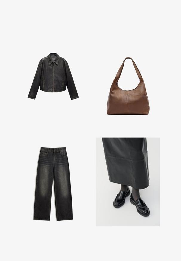 Giacca cropped in pelle nera con ampio colletto, maniche lunghe e chiusura con zip. Finitura testurizzata con dettagli di cucitura in vista.; Blusa con arricciatura in motivo a quadretti nei colori nero, bianco e beige. Collo e polsini a volant, maniche lunghe, vestibilità corta.; Jeans in denim nero a gamba larga con texture sbiadita, design a cinque tasche e cuciture a contrasto. Presentano chiusura a bottone e passanti per cintura.; Mocassini in pelle nera con una finitura liscia, dotati di una fascia decorativa, punta rotonda e suola texturizzata. Indossati con una lunga gonna in pelle nera.; Borsa a tracolla in pelle marrone con una forma morbida e arrotondata. Presenta una singola tracolla robusta e dettagli di cucitura discreti. Texture liscia.