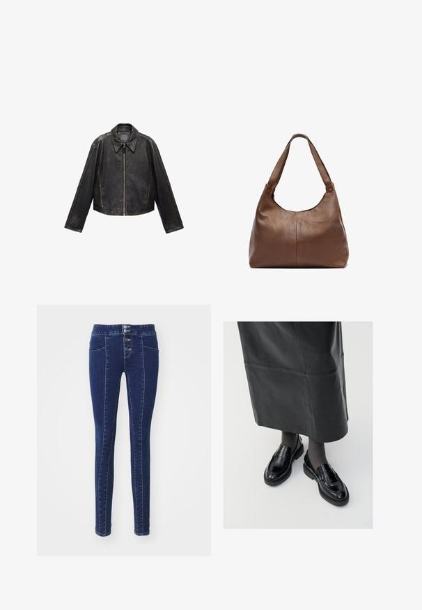 Črna usnjena skrajšana jakna z velikim ovratnikom, dolgimi rokavi in zadrgo. Učinkovit teksturirani zaključek z vidnimi šivi.; Smockirana bluzica z vzorcem karirice v črni, beli in bež barvi. Ruffles na vratu in manšetah, dolgi rokavi, skrajšan kroj.; Temno modri kavbojasti hlače z visokim pasom, zapiranjem na pet gumbov, dvema sprednjima žepoma in obliko slim fit. Gladka tekstura.; Črne usnjene loafer čevlje s gladko površino, ki imajo dekorativno srajco, okroglo konico in teksturiran podplat. Nosi se z dolgim črnim usnjennim krilom.; Kavarna iz rjavega usnja z mehko, zaobljeno obliko. Ima enostavno, trdno zanko in subtilne šive. Gladka tekstura.