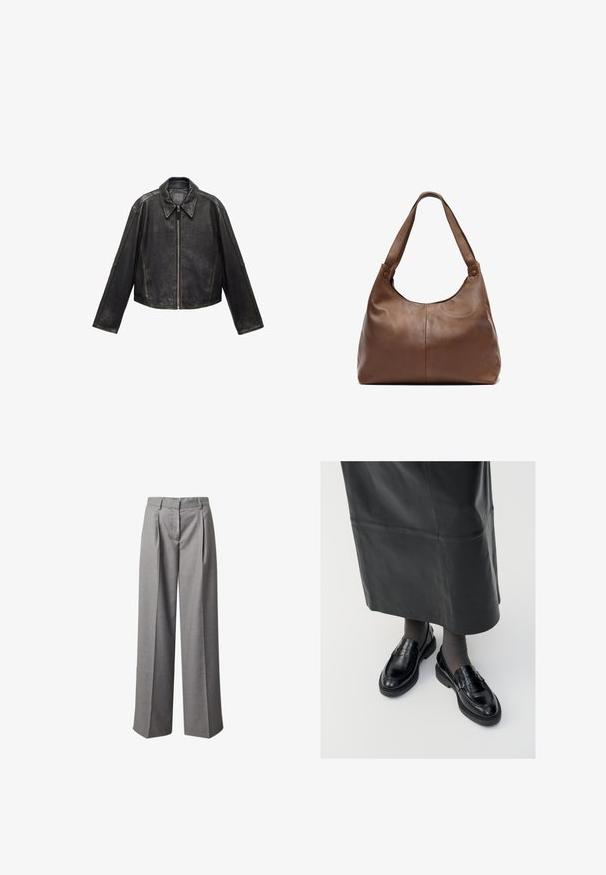 Zwarte leren cropped jack met grote kraag, lange mouwen en ritssluiting. Textuurafwerking met zichtbare stikdetails.; Gesmokt blouse met een geruit patroon in zwart, wit en beige. Volant halslijn en manchetten, lange mouwen, cropped fit.; Grijze wijde broek gemaakt van een gestructureerde stof, met plooien, een middelhoge tailleband en nette, op maat gemaakte lijnen.; Zwarte leren loafers met een gladde afwerking, voorzien van een decoratieve band, ronde neus en gestructureerde zool. Draagt met een lange zwarte leren rok.; Bruine leren handtas met een zachte, ronde vorm. Beschikt over een enkele, stevige schouderband en subtiele stiksels. Glad textuur.