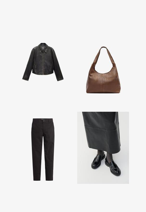 Black leather cropped jacket with large collar, long sleeves, and zip closure. Textured finish with visible stitching details.; Smocked blouse featuring a checkered pattern in black, white, and beige. Ruffled neckline and cuffs, long sleeves, cropped fit.; Black cotton chinos with a straight leg design, front pockets, and a button closure. Smooth texture with minimal stitching details.; Black leather loafers with a smooth finish, featuring a decorative strap, round toe, and textured sole. Worn with a long black leather skirt.; Brown leather handbag with a soft, rounded shape. Features a single, sturdy strap and subtle stitching details. Smooth texture.