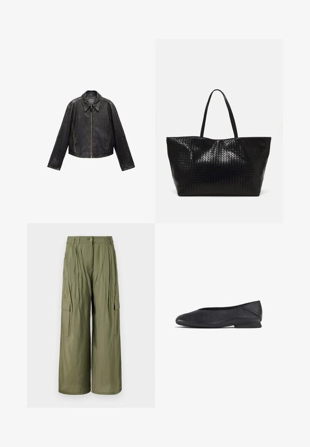 Veste en cuir noire raccourcie avec grand col, manches longues et fermeture éclair. Finition texturée avec des détails de couture visibles.; Chemise à carreaux noir et blanc à manches longues, col à boutons, poche poitrine unique et coupe décontractée. Tissu doux.; Pantalons cargo à jambe large olive avec plis sur le devant, poches latérales et fermeture par bouton. Texture lisse, tissu léger.; Chaussure plate en cuir noir avec un bout rond et un petit talon, conçue pour une utilisation décontractée ou formelle.; Sac fourre-tout tissé noir avec deux poignées robustes, présentant une texture brillante et un design à ouverture spacieuse.