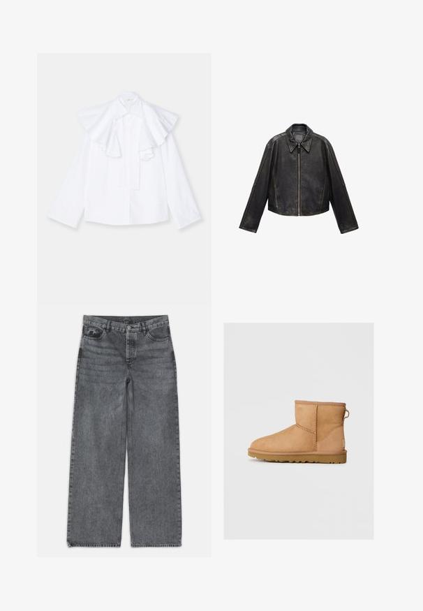 Čierna kožená skrátená bunda s veľkým golierom, dlhými rukávmi a zipsom. Textúrovaný povrch s viditeľnými švami.; Biela bavlnená košeľa s veľkým volánovým golierom a dlhými rukávmi, s zapínaním na gombíky vpredu a rovnou siluetou.; Džínsy s širokými nohavicami v tmavošedej denimovej farbe. Majú vysoký pás, dizajn s piatimi vreckami a zapínanie na prednej strane na gombík. Hladká textúra s jemným blednutím.; Svetlohnedé semišové členkové topánky s okrúhlou špičkou, prešívaním, pútkom na zadnej strane a textúrovanou gumovou podrážkou. Navrhnuté pre pohodlie a teplo.