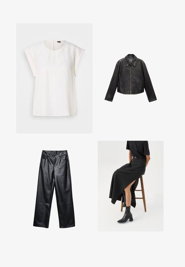 Mustan nahkainen crop-takki, jossa on suuri kaulus, pitkät hihat ja vetoketjusuljenta. Teksturoitu pinta, jossa näkyvät ompeluyksityiskohdat.; Valkoinen lyhythihainen paita, jossa on pyöreä kaula-aukko, sileä kangas ja huomaamaton takavetoketju. Suora helma ja rento istuvuus.; Mustat keinonahkaiset leveälahkeiset housut, joissa on teksturoitu krokotiilikuosi, edessä taskut ja napitus vyötäröllä.; Musta pellavasta valmistettu maxi-hame, jossa on korkea halkio, puettuna mustan t-paidan ja mustien nilkkabootsien kanssa. Minimalistinen muotoilu, rento istuvuus.