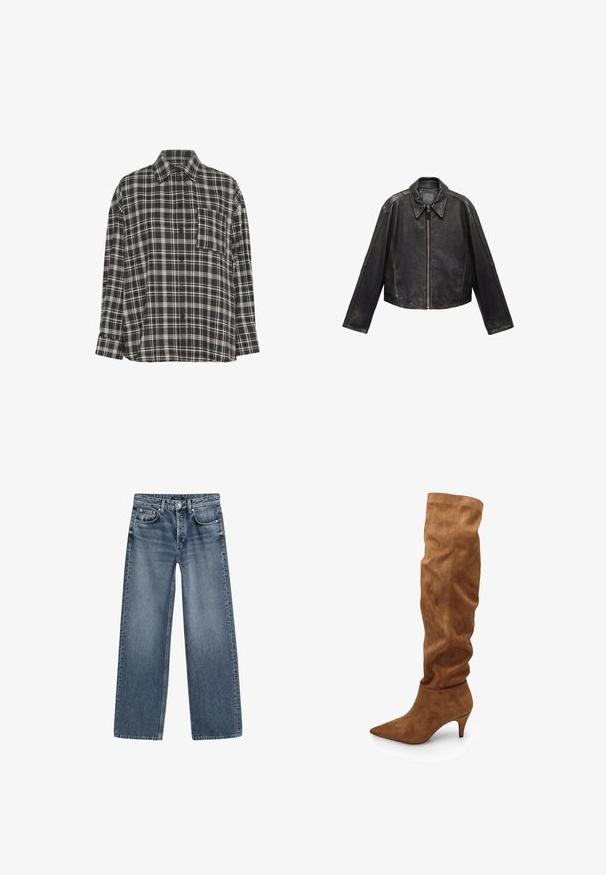 Černá kožená zkrácená bunda s velkým límcem, dlouhými rukávy a zapínáním na zip. Texturovaný povrch s viditelnými švy.; Hedvábná černobílá kostkovaná košile s dlouhým rukávem, límečkem a náprsní kapsou, vystavená na bílém pozadí.; Kalhoty s vysokým pasem a širokými nohavicemi ve středně modré džínsovině s vybledlým povrchem, pět kapsovým designem a stříbrným zapínáním na knoflík.; Vysoké hnědé semišové boty s uvolněným stylem, špičatou špičkou a nízkým podpatkem. Mají hladkou texturu a minimalistický design.