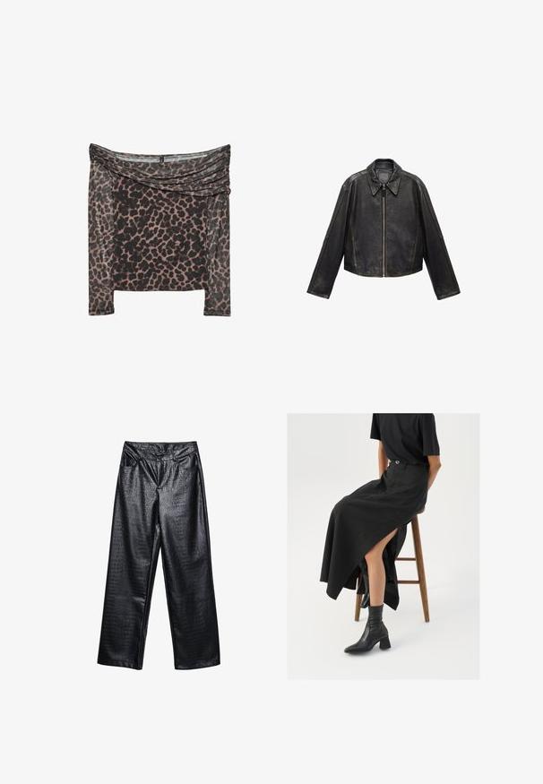 Sort læder cropped jakke med stor krave, lange ærmer og lynlås. Tekstureret overflade med synlige syninger.; Off-the-shoulder langærmet top i et sort og brunt leopardprint, med draperet halsudskæring og blødt, tekstureret stof.; Sorte faux læderbukser med bred benvidde, dekoreret med et tekstureret krokodillemønster, der har forlommer og en knaplukning i taljen.; Sort linned maxi-nederdel med en høj slids, båret med en sort t-shirt og sorte ankelstøvler. Minimalistisk design med en afslappet pasform.