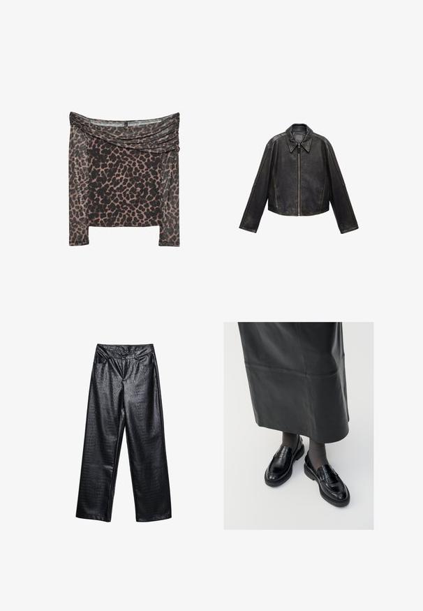 Čierna kožená skrátená bunda s veľkým golierom, dlhými rukávmi a zipsom. Textúrovaný povrch s viditeľnými švami.; Top s dlhým rukávom, s odhalenými ramenami, v čierno-hnedom leopardom vzore, s prehodeným dekoltom a mäkkou, textúrovanou látkou.; Čierne nohavice s širokými nohavicami z faux kože s textúrovaným krokodílim vzorom, so prednými vreckami a zapínaním na gombík v páse.; Čierne kožené poltopánky s hladkým povrchom, s dekoratívnym pásikom, okrúhlou špičkou a textúrovanou podrážkou. Nosené s dlhou čiernou koženou sukňou.
