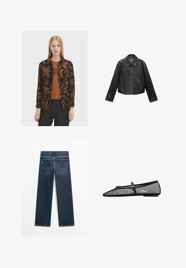 Černá kožená zkrácená bunda s velkým límcem, dlouhými rukávy a zapínáním na zip. Texturovaný povrch s viditelnými švy.; Černá košile s oranžovými a zelenými vzory listů, s knoflíkovým zapínáním vpředu a dlouhými rukávy, navrstvená přes hnědý top. Stylizováno s tmavými džíny.; Bílá bavlněná trička s krátkým rukávem, klasickým výstřihem a volným střihem. Hladká textura a jednoduchý design, bez vzorů nebo akcentů.; Tmavě modré džíny se rovný střih, přední dvě zadní kapsy a viditelné švy podél švů a okrajů.; Černé síťované baletky s špičatou špičkou, dekorativním páskem a jemným akcentem. Mají otevřenou síťovou konstrukci a plochou podrážku.