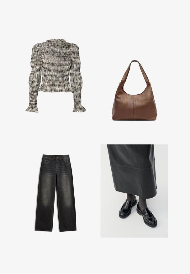 Zwarte leren cropped jack met grote kraag, lange mouwen en ritssluiting. Textuurafwerking met zichtbare stikdetails.; Gesmokt blouse met een geruit patroon in zwart, wit en beige. Volant halslijn en manchetten, lange mouwen, cropped fit.; Zwarte spijkerbroek met wijde pijpen, vervaagde textuur, vijf-pocket ontwerp en contrasterende stiksels. Voorzien van een knoopsluiting en riemlussen.; Zwarte leren loafers met een gladde afwerking, voorzien van een decoratieve band, ronde neus en gestructureerde zool. Draagt met een lange zwarte leren rok.; Bruine leren handtas met een zachte, ronde vorm. Beschikt over een enkele, stevige schouderband en subtiele stiksels. Glad textuur.