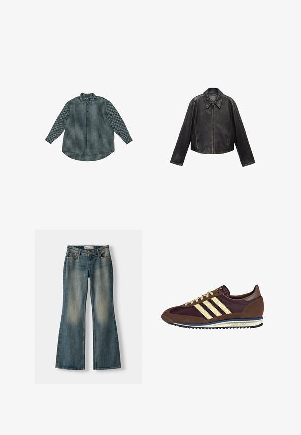 Black leather cropped jacket with large collar, long sleeves, and zip closure. Textured finish with visible stitching details.; Green and navy plaid button-up shirt with long sleeves, rounded hem, and button closure. Made of fabric with a checkered pattern.; Blue flared jeans with a faded wash, five pockets, and a button closure. Material shows a denim texture with subtle stitching details.; Brown and burgundy sneaker with suede and mesh materials, featuring three cream stripes, textured fabric on the tongue, and a rubber sole.