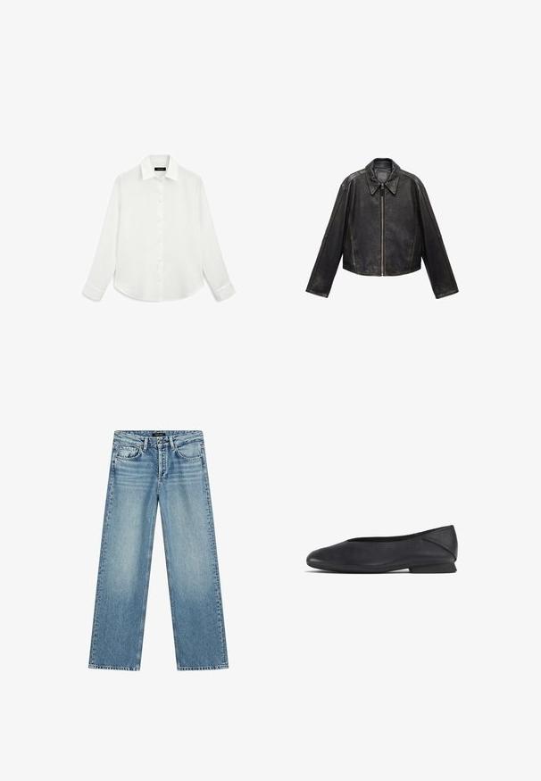 Veste en cuir noire raccourcie avec grand col, manches longues et fermeture éclair. Finition texturée avec des détails de couture visibles.; Chemise blanche à manches longues avec col, boutons sur le devant et ourlet arrondi. Fabriquée en tissu léger au toucher lisse.; Jean large à jambes larges bleu clair en denim. Comprend cinq poches, une fermeture par bouton, et un léger délavage créant un aspect texturé.; Chaussure plate en cuir noir avec un bout rond et un petit talon, conçue pour une utilisation décontractée ou formelle.