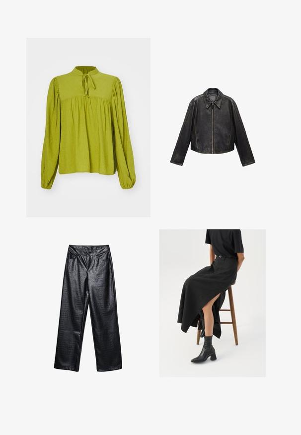 Czarna skórzana kurtka o krótkim kroju z dużym kołnierzem, długimi rękawami i zapięciem na zamek. Teksturowane wykończenie z widocznymi detalami szwu.; Zielona bluzka z długim rękawem, wysokim dekoltem i detalem w postaci kokardy. Teksturowana tkanina o luźnym, marszczonym kroju oraz elastycznych mankietach.; Czarne spodnie z sztucznej skóry o szerokich nogawkach z teksturowanym wzorem krokodyla, z przednimi kieszeniami i zapięciem na guzik w talii.; Czarna lniana spódnica maxi z wysokim rozcięciem, noszona z czarnym t-shirtem i czarnymi botkami sięgającymi kostek. Minimalistyczny design z luźnym krojem.