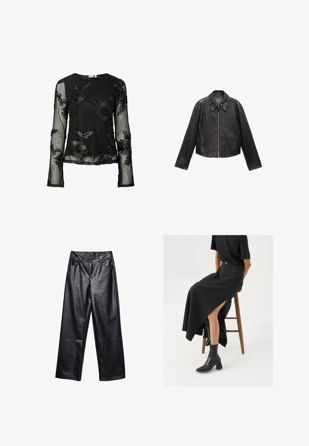 Černá kožená zkrácená bunda s velkým límcem, dlouhými rukávy a zapínáním na zip. Texturovaný povrch s viditelnými švy.; Černý top s dlouhými průsvitnými rukávy zdobenými složitou květinovou výšivkou; měkká textura, kulatý výstřih a přiléhavý střih.; Černé široké kalhoty z umělé kůže s texturovaným krokodýlím vzorem, vybavené předními kapsami a knoflíkovým zapínáním v pase.; Černá maxi sukně z lnu s vysokým rozparkem, nošená s černým tričkem a černými kotníkovými botami. Minimalistický design s volným střihem.