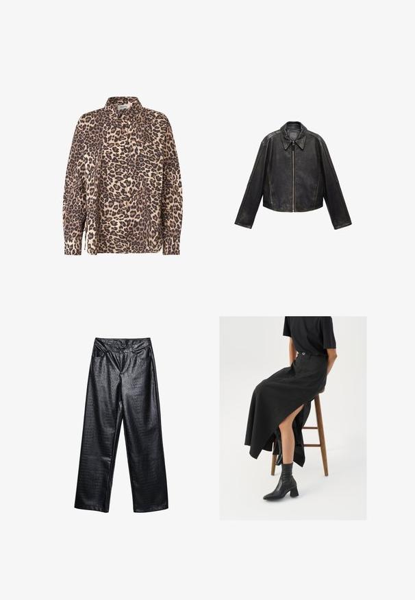 Sort læder cropped jakke med stor krave, lange ærmer og lynlås. Tekstureret overflade med synlige syninger.; Leopardmønstret skjorte med knapper i beige og brun stof. Har lange ærmer, krave og en brystlomme.; Sorte faux læderbukser med bred benvidde, dekoreret med et tekstureret krokodillemønster, der har forlommer og en knaplukning i taljen.; Sort linned maxi-nederdel med en høj slids, båret med en sort t-shirt og sorte ankelstøvler. Minimalistisk design med en afslappet pasform.